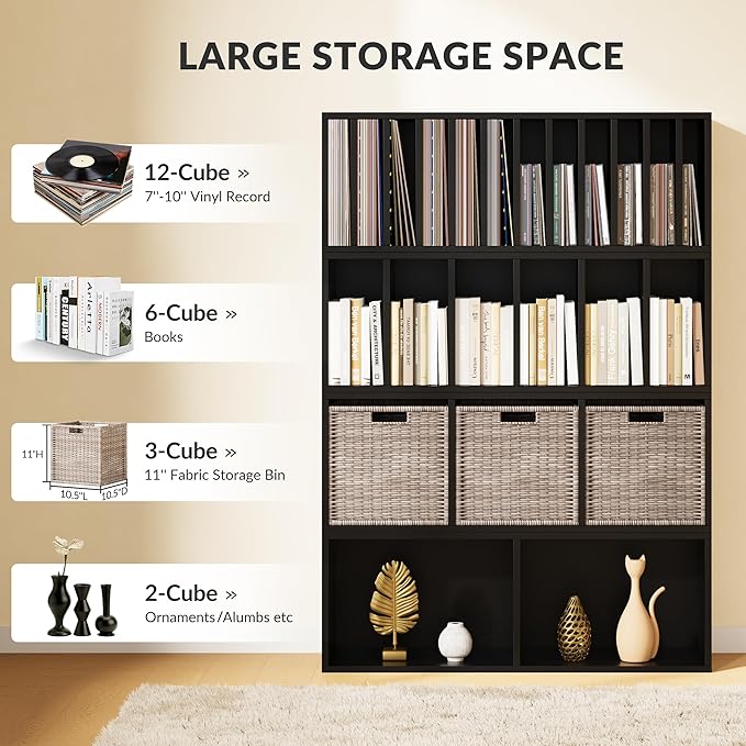 IOTXY DIY Modular Cube Bookcase - CubeXY Customizable Stackable Expandable Combination Set, 23-Cube Open Bookshelf for Books, Fabric Storage Bin, and 7/10-inch Vinyl Record Organizer, Black