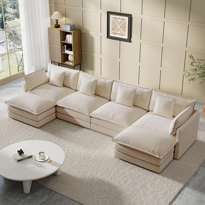 Modular Sectional Sofa, 146.5 Inch U-Shaped Cloud Sofa with Deep Seat Chenille Sofa with Cushions, Four Seater Sectional Sofa for Living Room Apartment,Light Coffee
