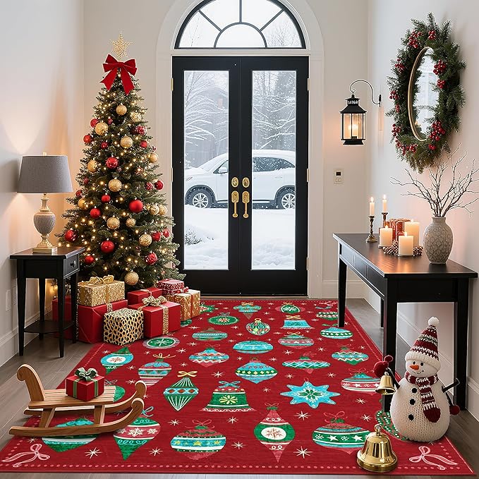 Christmas Area Rug 8x10 Bedroom Living Room Rugs Colorful Christmas Ball Washable Rug Soft Boho Bohemian Farmhouse Rug Indoor Floor Carpet for Bedroom Under Dining Table Home Office Decor，Red