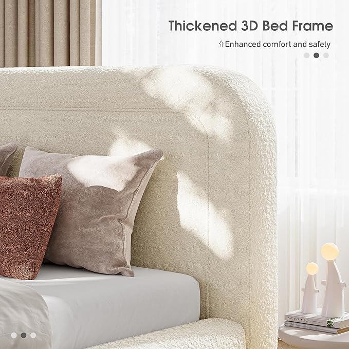 Homkdom Queen Bed Frame with Headboard, Upholstered Cloud Bed Frame, Anti-Collision Soft Rounded Corners, Boucle Platform Bed for Modern Bedrooms, Apartments, Guest Rooms, No Box Spring Needed,Beige