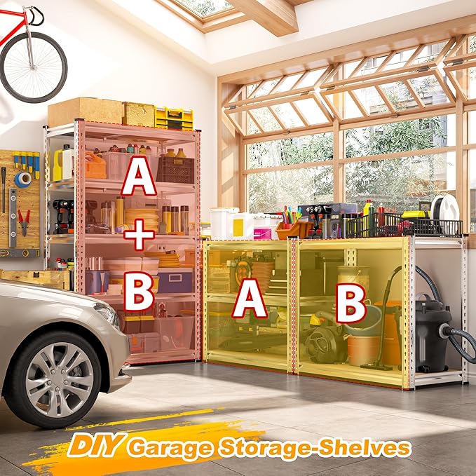 REIBII Storage Shelves, 5 Tier Adjustable Metal Garage Shelving, Storage Rack for Kitchen Storage, Basement, Garage, Pantry, Closet, Shop, Galvanized, 12" D x 28" W x 59.8" H，2020 lbs Total Capacity
