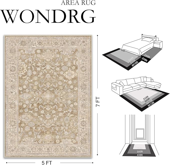 6x9 Taupe Washable Area Rug for Living Room Bedroom Neutral Soft Floral Non Slip Large Throw Rug Lightweight Vintage Low Pile Distressed Carpet Office Playroom Home Decor