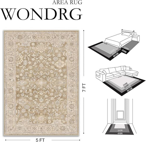 8x10 Taupe Washable Area Rug for Living Room Bedroom Neutral Soft Floral Non Slip Large Throw Rug Lightweight Vintage Low Pile Distressed Carpet Office Playroom Dining Room Home Decor