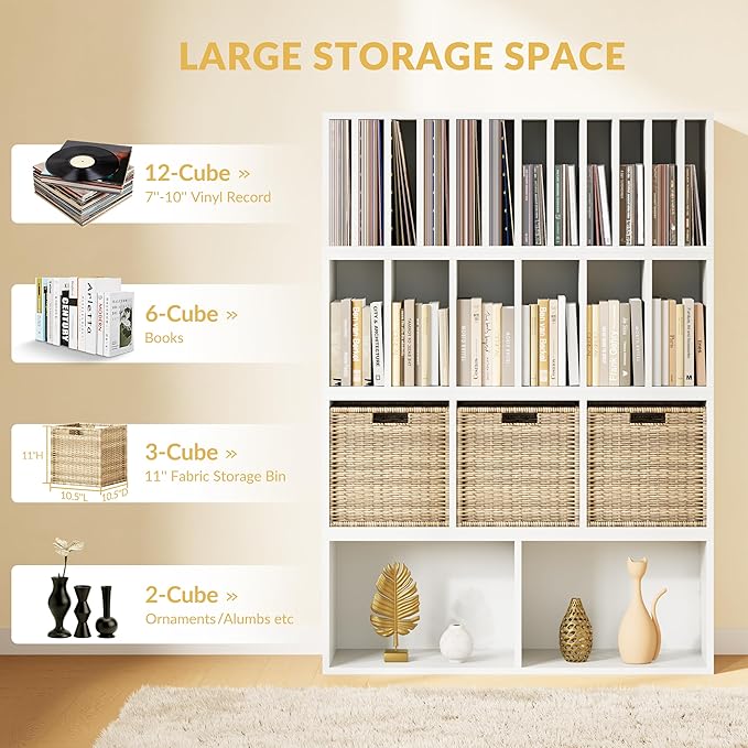 IOTXY DIY Modular Cube Bookcase - CubeXY Customizable Stackable Expandable Combination Set, 23-Cube Open Bookshelf for Books, Fabric Storage Bin, and 7/10-inch Vinyl Record Organizer, White