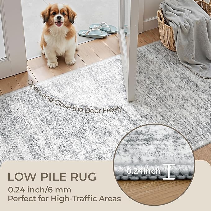 Kitchen Runner Rugs Non Skid Washable - 2.5 x 10 Runner Rug with Anti Slip Backing, Ultra-Thin Soft Rug Runner for Hallway, Bedroom, Living Room (2.5'x10', Grey/Ivory)