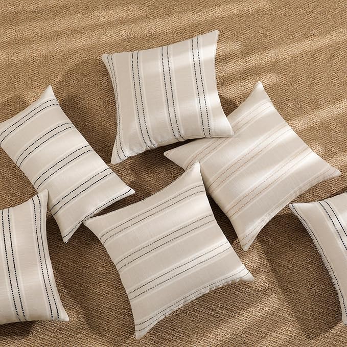 Hckot Hand Made Throw Pillow Covers 16x16 Set of 2 Striped Pillow Covers Textured Linen Decorative Pillows Square Cushion Covers for Sofa Couch Bed Living Room Farmhouse Decor