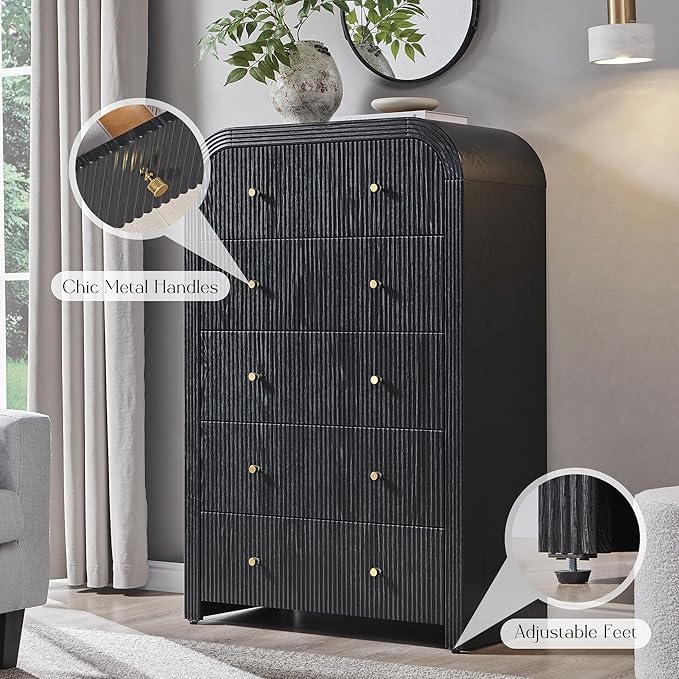 T4TREAM Fluted 5 Drawers Dresser, 48" Tall Modern Chest of Drawers with Thickened Curved Profile Design, Wood Closet Clothes Storage Organizer for Bedroom, Living Room, Hallway, Black Oak