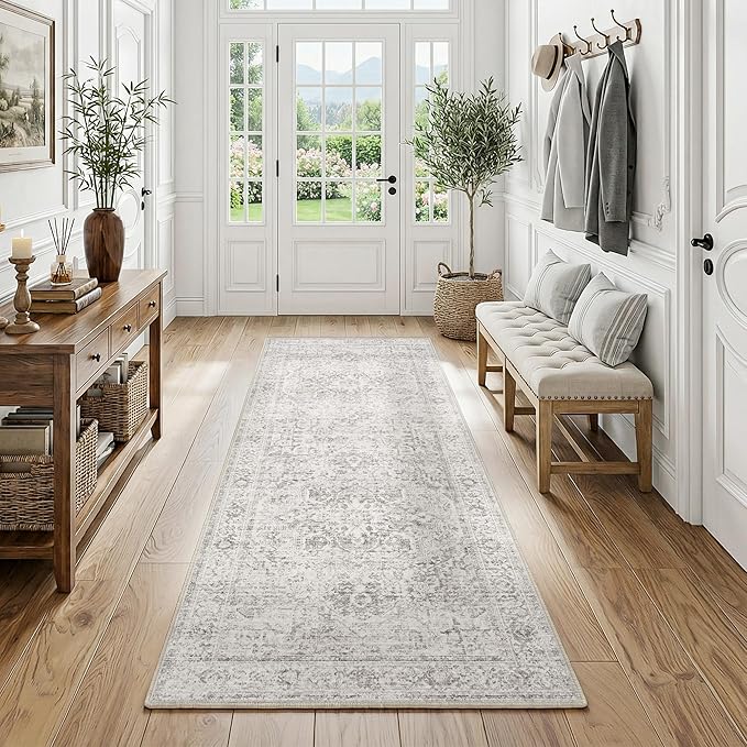 FMFUNCTEX 2x6 Runner Rug Grey Vintage Neutral Washable Distressed Oriental Non Slip Low Pile Indoor Carpet Hallway Entryway Gray Rug for Kitchen Living Room Bedroom Bathroom Laundry Entry Bedside