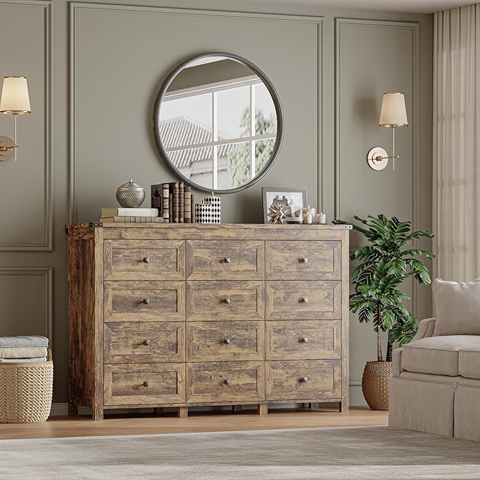 BORNOON 12-Drawer Dresser, Modern Wooden Storage Chest of Drawers, Dresser TV Stand, Wood Drawer Organizer with Metal Handles for Bedroom, Living Room, Hallway