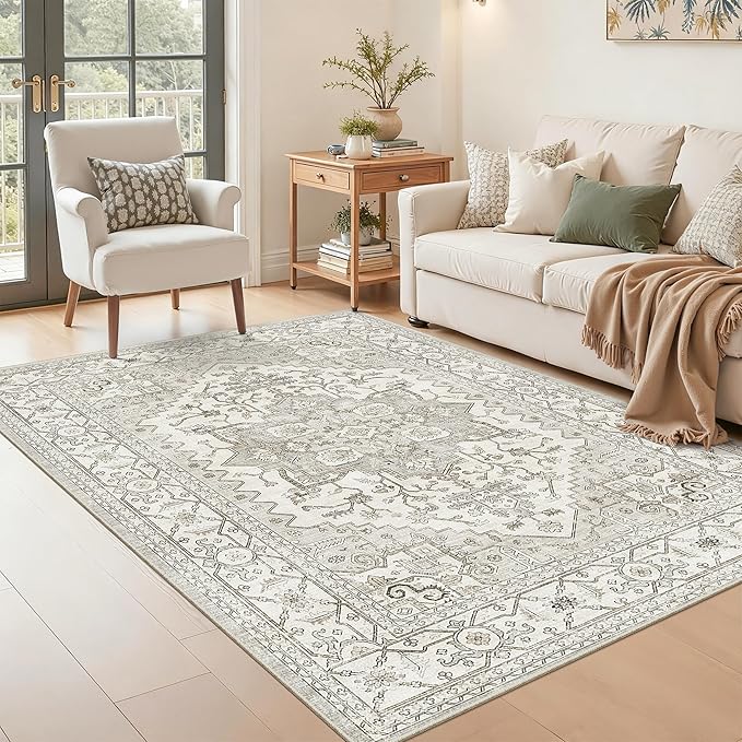Area Rugs for Living Room - 4x6, Boho Non-Slip Low Pile Carpet Machine Washable Rugs for Bedroom, Farmhouse, Office, Dining Room (Beige)