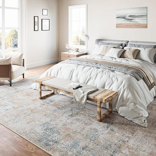 8x10 Washable Area Rug Beige Blue Abstract Non Slip Soft Low Pile Rug for Living Room Bedroom Dining Room Office Neutral Modern Indoor Large Throw Carpet for Home Decor