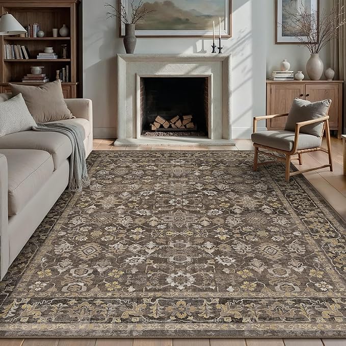 8x10 Brown Washable Vintage Area Rug for Living Room Soft Floral Non Slip Large Rug Modern Low Pile Stain Resistance Indoor Carpet Bedroom Office Playroom Office Classroom