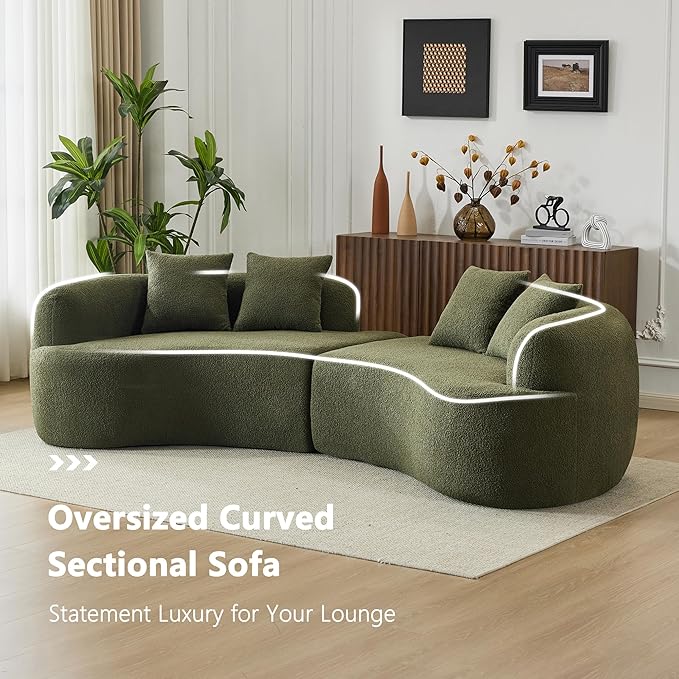 106.7" Modern Curved Oversized Sectional Sofa, Minimalist Modular Cloud Couch with 4 Throw Pillows, Luxury 4-Seater Extra Deep & Wide Seat Sofa in Soft Teddy Fabric, Olive Green