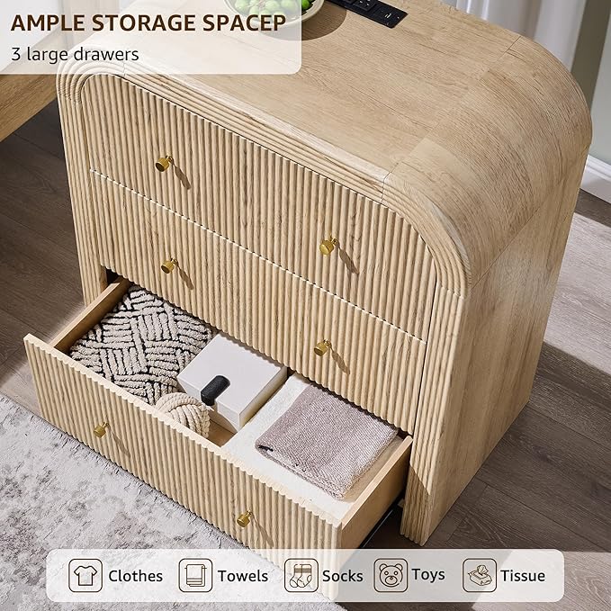 T4TREAM Fluted Dresser with 3 Drawers, 32" Tall Modern Chest of Drawers with Thickened Curved Profile Design, Wood Closet Clothes Storage Organizer for Bedroom, Living Room, Hallway, Natural Oak