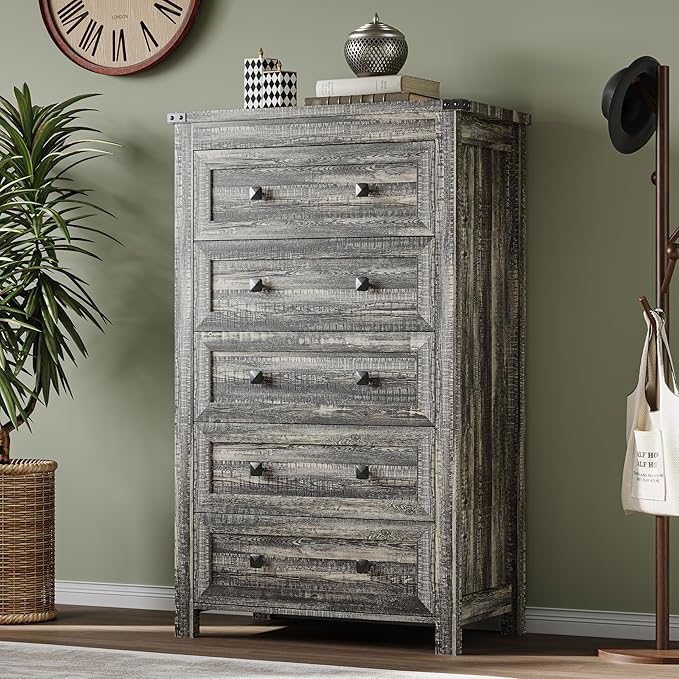 BORNOON Tall 5-Drawer Dresser, Modern Wooden Storage Chest of Drawers, Dresser TV Stand, Wood Drawer Organizer with Metal Handles for Bedroom, Living Room, Hallway