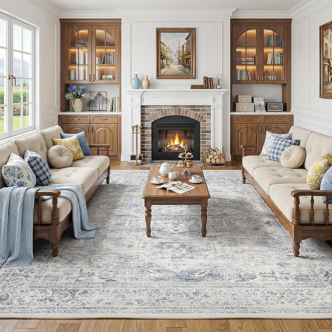 FMFUNCTEX 6x9 Washable Area Rug Blue Neutral Vintage Distressed Oriental Large Non Slip Carpet for Living Room Bedroom Soft Low Pile Indoor Mat Retro Throw Rug for Dining Room Kitchen Office Nursery
