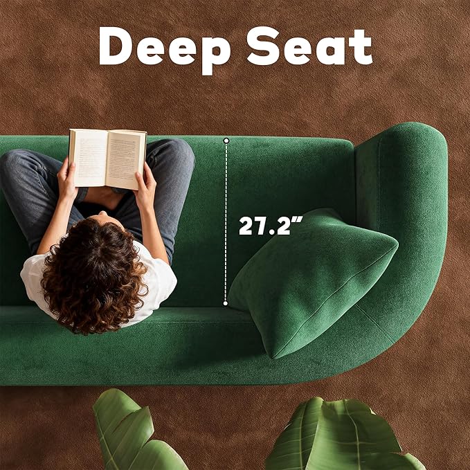 95" Modern Luxury Curved Back Sofa, Minimalist Style Oversized 3 Seat Extra Deep & Wide Seat Comfy No Assembly Boneless Couch for Living Room Office Apartment, Green