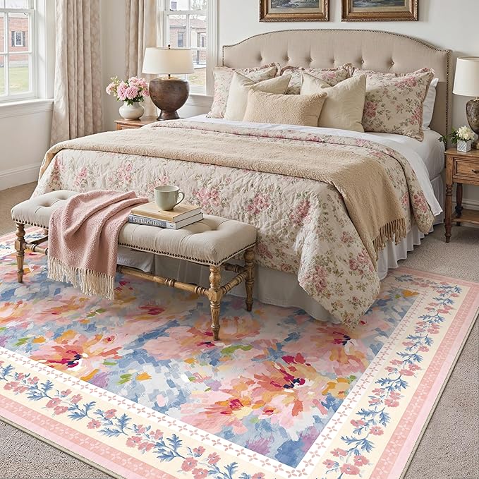 6x9 Washable Area Rug Pink Blue Living Room Bedroom Floral Throw Rug Abstract Modern Non Slip Soft Low Pile Carpet for Dining Room Office Nursery Indoor