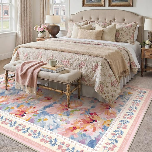 6x9 Washable Area Rug Pink Blue Living Room Bedroom Floral Throw Rug Abstract Modern Non Slip Soft Low Pile Carpet for Dining Room Office Nursery Indoor
