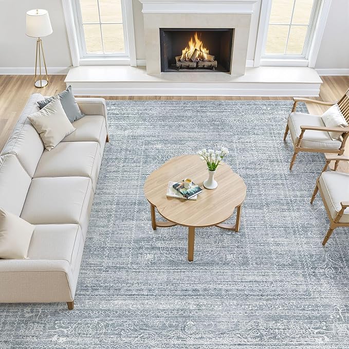 Nakagishi 10x14 Area Rugs Living Room: Washable Large Vintage Blue Rug Neutral Non-Slip Soft Stain Resistant Indoor Carpet for Bedroom Nursery Dining Room Under Table Bed Home House Office Playroom
