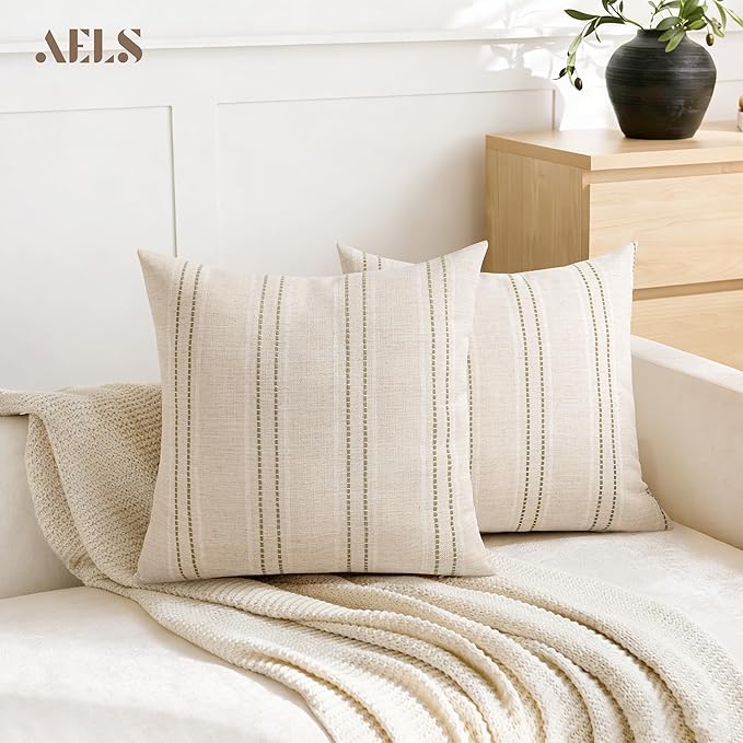 AELS 16x16 Decorative Farmhouse Linen Blend Throw Pillow Covers, Boho Textured Pillow Case, Set of 2, Beige with White & Brown Stitch Yarn Dyed Stripe Cushion Cover for Sofa Living Room (Cover ONLY)