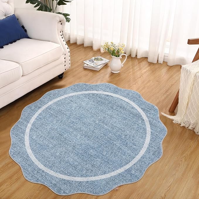 GarveeHome Scalloped Round Washable Rug, Soft Modern Round Rugs 5ft Circle Carpets for Bedroom Ultra-Thin, Boho Blue Print Distressed Circular Carpet for Living Room Dorm Bedside, Blue