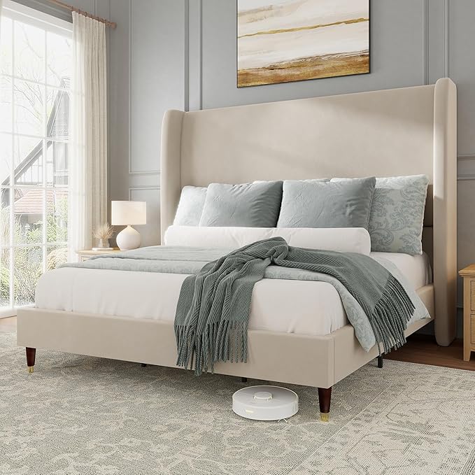 Jocisland Full Size Bed Frame 51.2" Wingback Headboard Velvet Upholstered Platform Bed with Solid Wood Legs & Wooden Slats, No Box Spring Needed, Modern Minimalist Style, Easy Assembly, Off-White