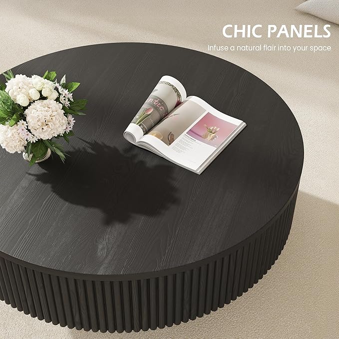 YOUDENOVA 31.5” Round Fluted Coffee Table, Modern Wood Circle Coffee Table, Veneer Handcrafted Relief Tea Table with Sturdy Pedestal for Living Room，Easy Assembly - Black