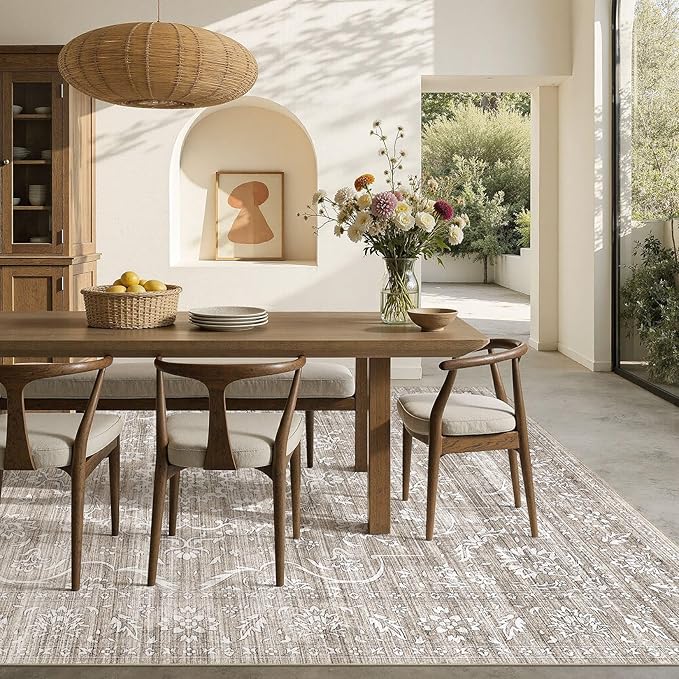6x9 Area Rug Living Room: Washable Large Vintage Grey Rug Neutral Non-Slip Soft Stain Resistant Indoor Carpet for Bedroom Nursery Dining Room Under Table Bed Home House Office Playroom - Light Brown