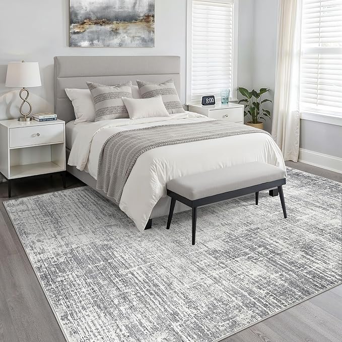7x10 Area Rug Living Room: Washable Large Neutral Grey Rug Abstract Soft Modern Stain Resistant Indoor Floor Non-Slip Carpet for Bedroom Nursery Kids Office Playroom Dining Room Under Table Home