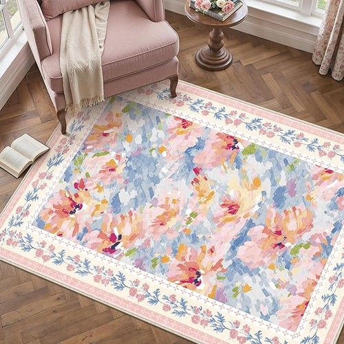 4x6 Washable Area Rug for Entryway Pink Blue Floral Abstract Soft Throw Rug Modern Non Slip Low Pile Carpet for Kitchen Bathroom Living Room Bedroom