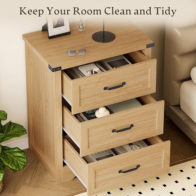 BORNOON 3-Drawer Dresser for Bedroom, Small Wooden Chest of Drawers with Metal Handles, Narrow Storage Cabinet with Anti-Tipping Design, Sturdy Dresser Organizer for Closet, Living Room, Entryway