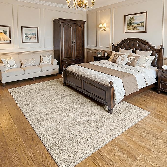 FMFUNCTEX 5x7 Washable Area Rug Neutral Vintage Brown Distressed Non Slip Low Pile Traditional Indoor Carpet for Living Room Bedroom Soft Retro Mat Throw Rug for Dining Office Kitchen Dorm Entryway