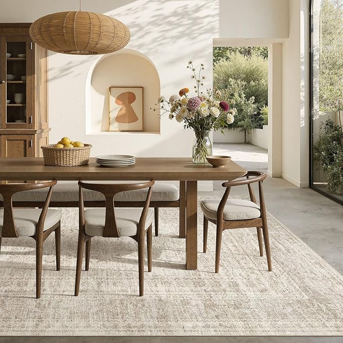 Nakagishi 8x10 Area Rugs Living Room: Washable Large Vintage Rug Neutral Non-Slip Soft Stain Resistant Indoor Carpet for Bedroom Nursery Dining Room Office Playroom - Beige Gray