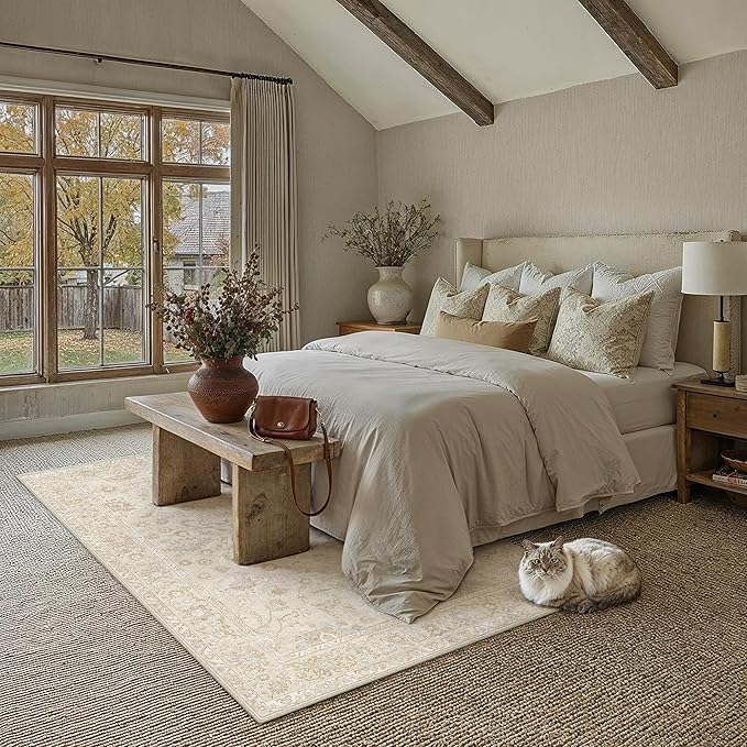 5x7 Beige Washable Area Rug for Living Room Bedroom Neutral Soft Floral Non Slip Large Throw Rug Lightweight Vintage Low Pile Distressed Carpet Office Playroom Dinning Laundry Room