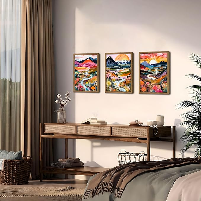 Wood Frame Boho Colorful Wall Art, Set of 3 Abstract Watercolor Mountain Landscape Wall Decor Painting, Modern Flower Aesthetic Posters Prints for Living Room Bathroom Bedroom 12x16In Framed