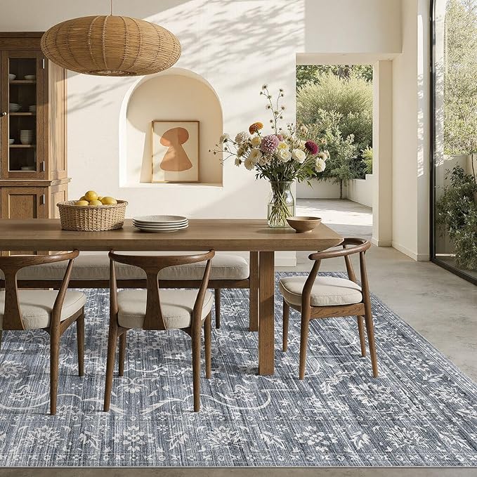5x7 Area Rug Living Room: Washable Large Vintage Grey Rug Neutral Non-Slip Soft Stain Resistant Indoor Carpet for Bedroom Nursery Dining Room Under Table Bed Home House Office Playroom - Retro Blue