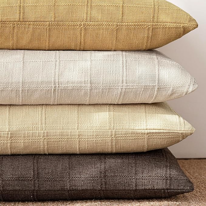 Foindtower Set of 2 Decorative Linen Check Throw Pillow Covers Neutral Farmhouse Vintage Cushion Covers Modern Boho Accent Home Decor for Sofa Chair Couch Bedroom Living Room,20×20 Inch,Light Yellow