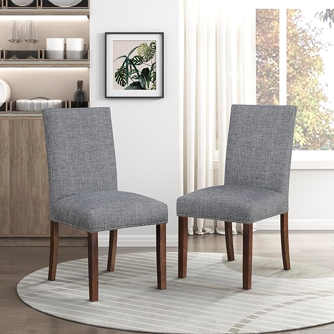 Lexicon Upholstered Dining Chairs Set of 2 - Soft Durable Fabric Armless High Back Kitchen Modern Dining Room Chairs for 2, Nailhead Trim Side, Brushed Brown Sturdy Wooden Frame, Easy Assembly, Gray