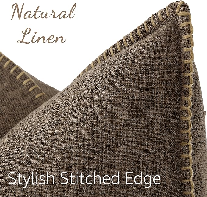 decorUhome Summer Decorative Throw Pillow Covers 20x20 Set of 2 Square Faux Linen Farmhouse Pillow Covers with Stitched Edge Outdoor Neutral Pillow Covers for Couch Sofa Living Room, Chocolate