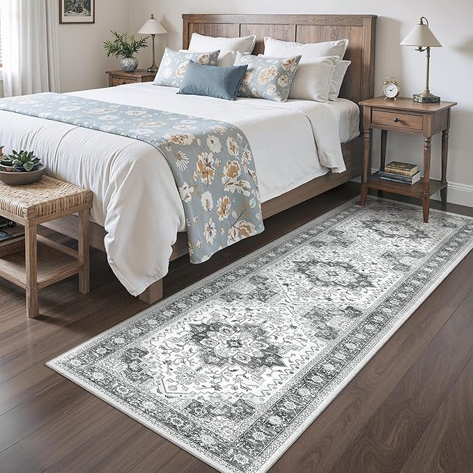 Runner Rug 2'x6' Washable Vintage Area Rugs for Hallway Non Slip Laundry Rug Runner Boho Floor Carpet Runners for Entryway Laundry Room Kitchen Bathroom (2'x6',Grey)