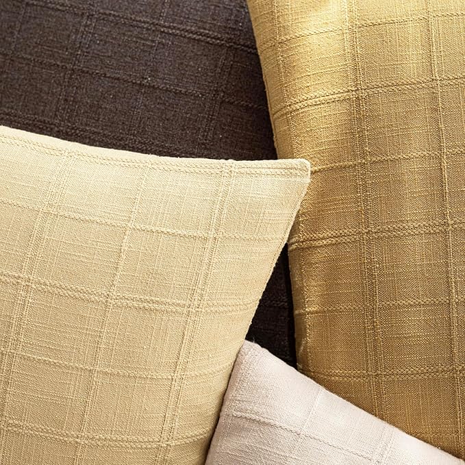 Foindtower Set of 2 Decorative Linen Check Throw Pillow Covers Neutral Farmhouse Vintage Cushion Covers Modern Boho Accent Home Decor for Sofa Chair Couch Bedroom Living Room,22×22 Inch,Amber Gold