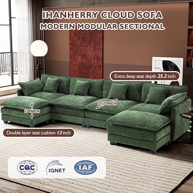 Ihanherry 146" U-Shaped Modern Sofa Modular Sectional Cloud Couch with 2 Ottoman, 6-Seat Chenille Deep Seat Sofa with 6 Pillows for Living Room, Bedroom and Apartment, Green