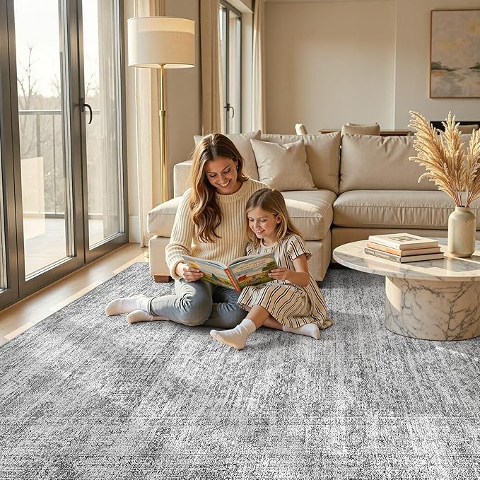 cotiled Large Area Rugs for Living Room 10x14, Machine Washable Rugs with Non Slip Backing Modern Neutral Abstract Rugs Stain Resistant Distressed Carpets for Home Decor (10x14 Dark Grey)