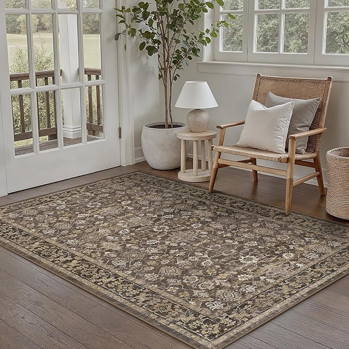 3x5 Brown Washable Vintage Area Rug for Living Room Soft Floral Non Slip Throw Rug Modern Low Pile Stain Resistance Doormat Distressed Carpet Entrance Laundry Room Bedroom Office