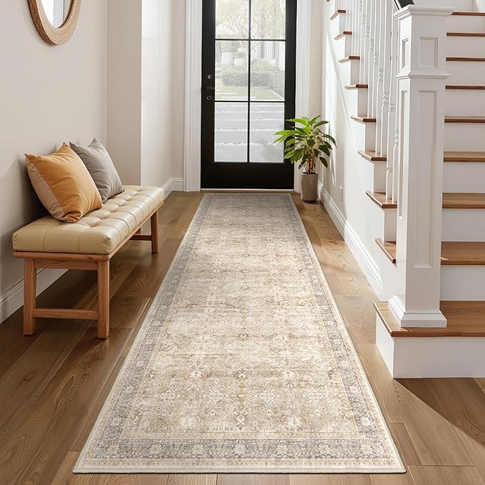 Earth Tone 3x8 Hallway Runner Rug, Kitchen Runners Non Skid Washable 8 ft, Washable Non Slip Ultra Thin Carpet Runner for Entryway Corridor Mudroom Bathroom, Vintage Farmhouse Beige Taupe