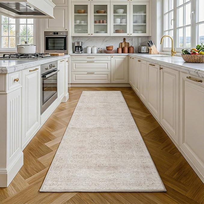FMFUNCTEX 2x8 Runner Rug Beige Washable Vintage Neutral Distressed Oriental Non Slip Low Pile Indoor Carpet Retro Hallway Entryway Rug for Kitchen Laundry Bedroom Bathroom Entry Bedside Living Room