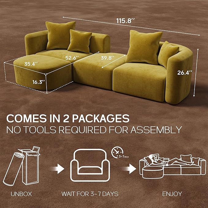 116" Modular Sectional Couches with Ottoman, Luxury Modern Curved Back Sofa, Minimalist Style Oversized 4 Seat Deep Comfy Convertible L Shape Boneless Couch for Living Room Office Apartment, Yellow