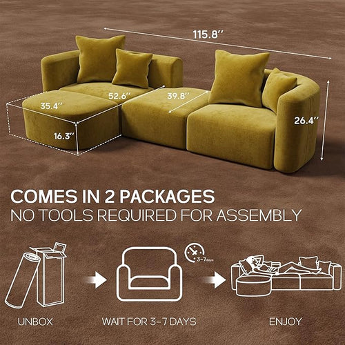 116" Modular Sectional Couches with Ottoman, Luxury Modern Curved Back Sofa, Minimalist Style Oversized 4 Seat Deep Comfy Convertible L Shape Boneless Couch for Living Room Office Apartment, Yellow