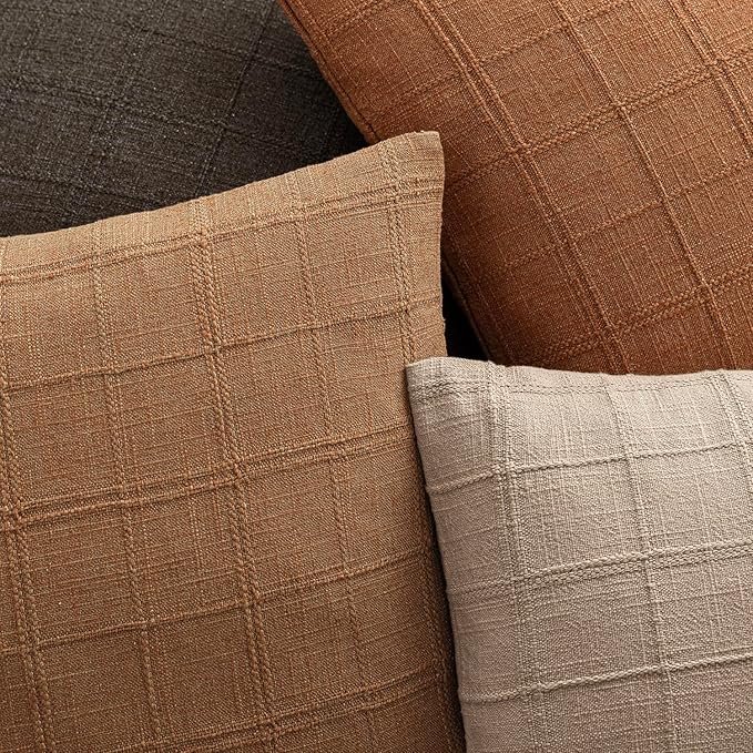 Foindtower Set of 2 Decorative Linen Check Throw Pillow Covers Neutral Farmhouse Vintage Cushion Covers Cozy Modern Boho Home Decor for Sofa Chair Couch Bedroom Living Room,14×36 Inch,Brick